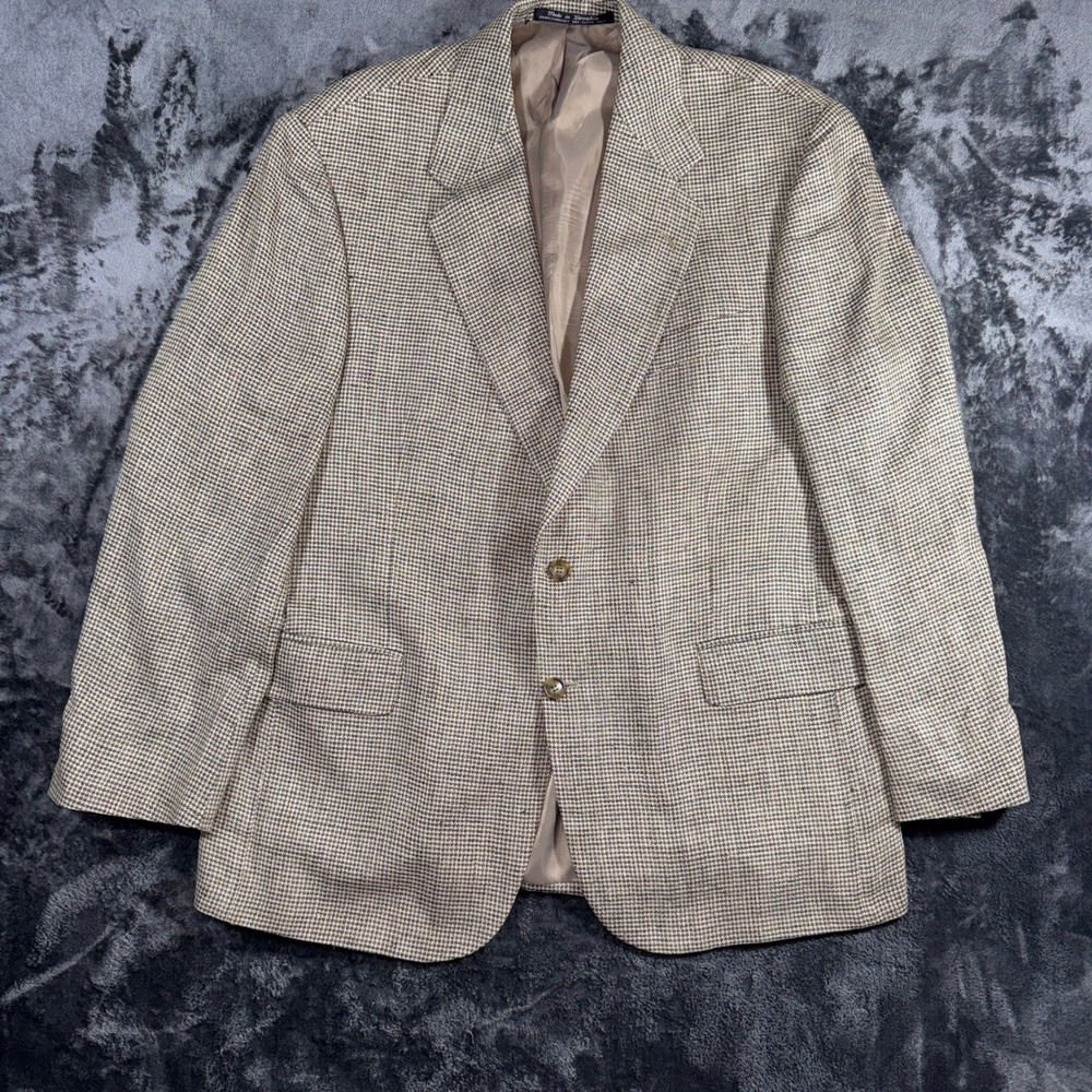 Mens 100% Silk Houndstooth Blazer Sport Coat Tan‎ Black 44R Made in Slovakia